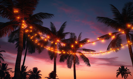 A couple of palm trees with lights on themの素材