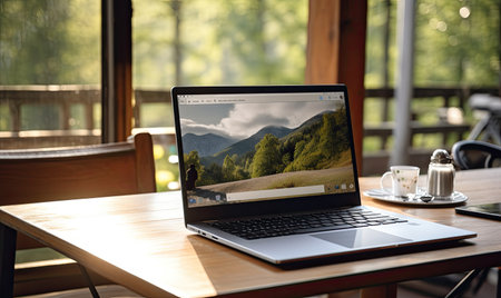 A laptop computer sitting on top of a wooden tableの素材