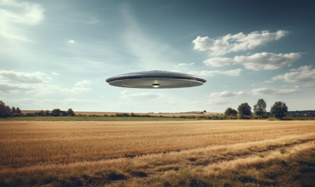 An alien flying over a field of wheatの素材