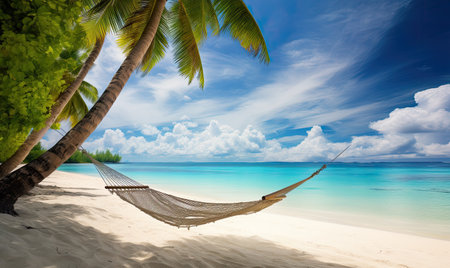 A hammock between two palm trees on a tropical beachの素材