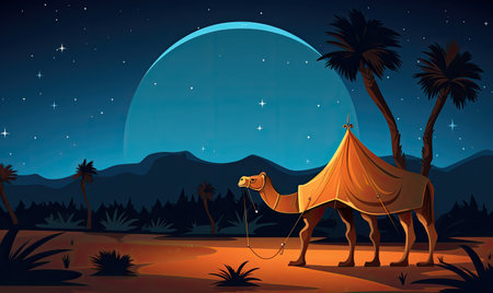 A camel in the desert with a tent in the backgroundの素材