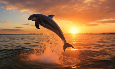 A dolphin jumping out of the water at sunsetの素材