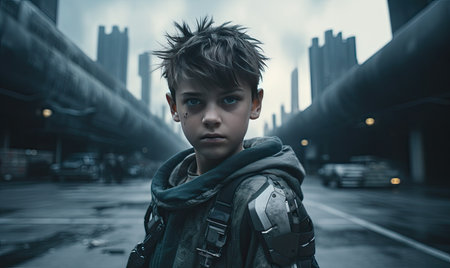 A young boy in the middle of a city streetの素材