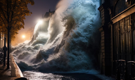 A person standing on a sidewalk next to a large waveの素材