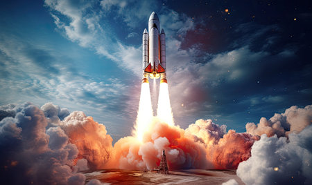 A rocket taking off into the skyの素材
