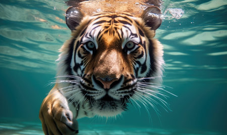 A close up of a tiger swimming in the waterの素材