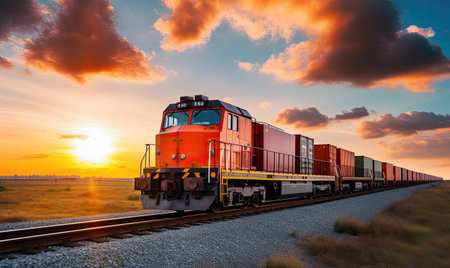 A train traveling down train tracks next to a fieldの素材
