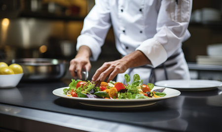 A chef is preparing a salad on a plateの素材