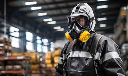 A man wearing a gas mask in a warehouseの素材