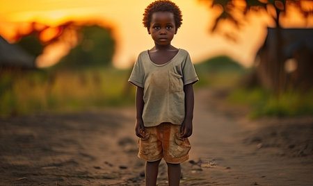 A young boy standing on a dirt roadの素材