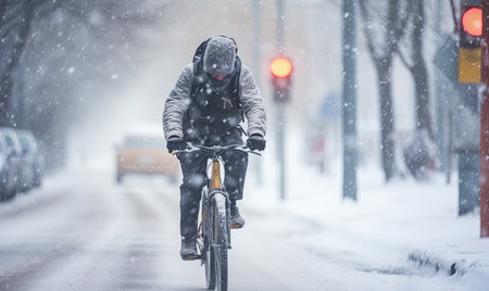 A man riding a bike down a snow covered streetの素材