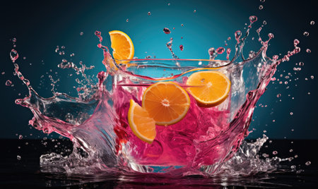 An orange slice is splashing into a glass of waterの素材