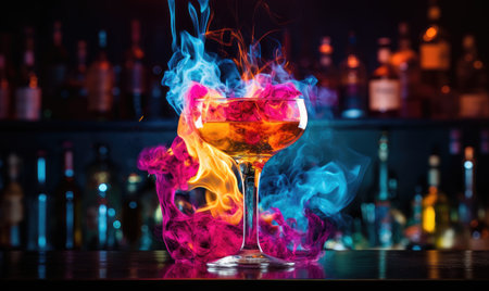 A glass filled with liquid sitting on top of a tableの素材