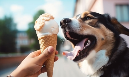 A dog is licking an ice cream coneの素材