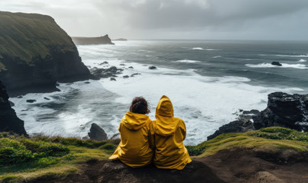 Two people sitting on a cliff overlooking the oceanの素材