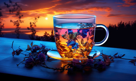 A glass cup filled with water sitting on top of a tableの素材
