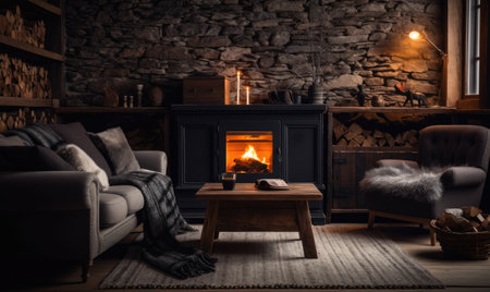 A living room filled with furniture and a fire placeの素材