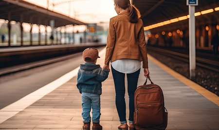 A woman and a child are walking towards a train stationの素材