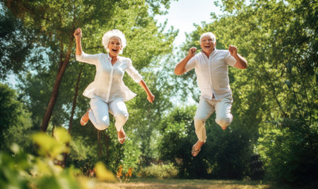 A couple of people that are jumping in the airの素材