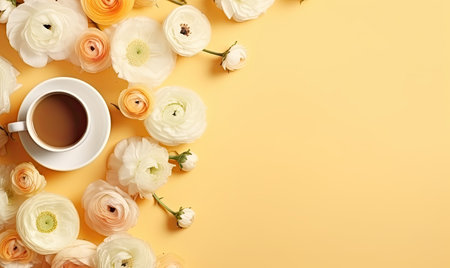 A cup of coffee surrounded by flowers on a yellow backgroundの素材