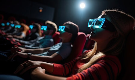 A group of people wearing 3d glasses in a movie theaterの素材