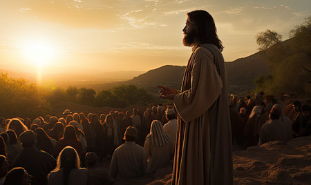 Jesus Christ standing in front of a crowd of peopleの素材