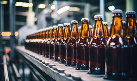 A line of beer bottles on a conveyor beltの素材