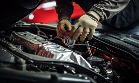 A man working on a car engine in a garageの素材