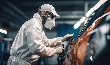 A man in a white suit and mask working on a carの素材