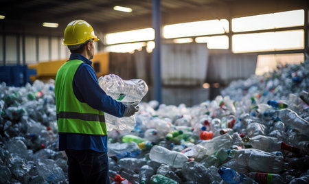 A man standing in front of a pile of plastic bottlesの素材