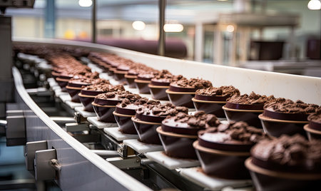 A conveyor belt filled with lots of chocolate cupcakesの素材