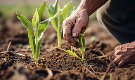 A man kneeling down to plant a plant in the dirtの素材