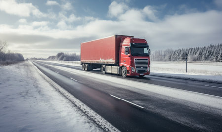 A red semi truck driving down a snowy roadの素材