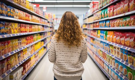 A woman walking down a leash in a grocery storeの素材