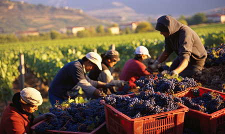 A group of people picking grapes in a fieldの素材
