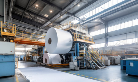 A factory with a large roll of white paperの素材