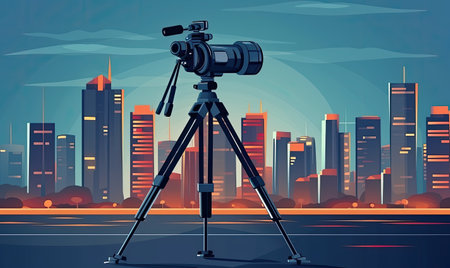 A camera on a tripod in front of a cityの素材