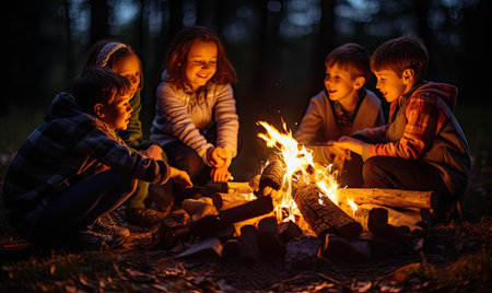 A group of children sitting around a campfireの素材