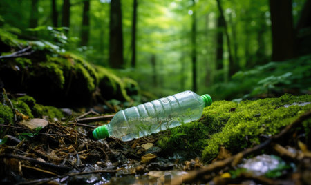 A plastic bottle sitting on top of a lush green forestの素材