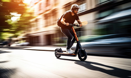 A man riding an electric scooter on a city streetの素材