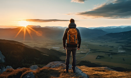 A man standing on top of a mountain at sunsetの素材
