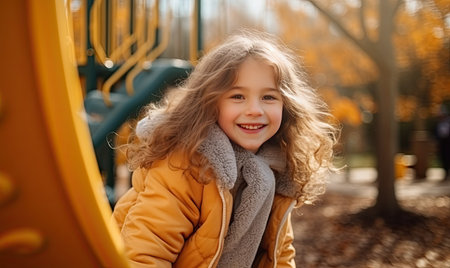 A little girl standing in front of a playgroundの素材