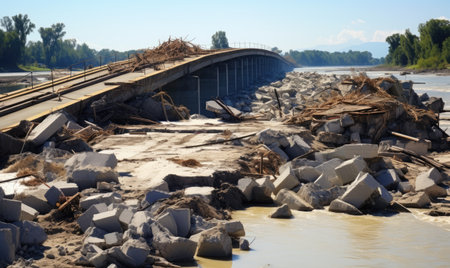 A bridge over a body of water with rocks in the foregroundの素材