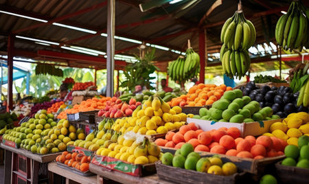 A fruit stand with lots of different fruitsの素材