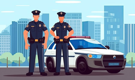 Two police officers standing in front of a police carの素材