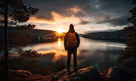 A person standing on top of a mountain overlooking a lakeの素材