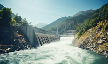 A large dam with water coming out of itの素材