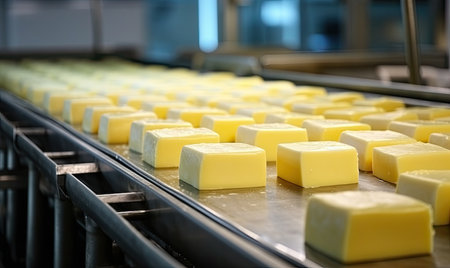 A conveyor belt filled with lots of cheeseの素材