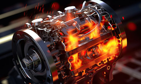 A close up of a car engine on fireの素材