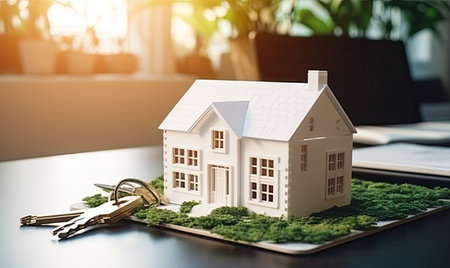 A model house on a plate with a pair of keys on itの素材
